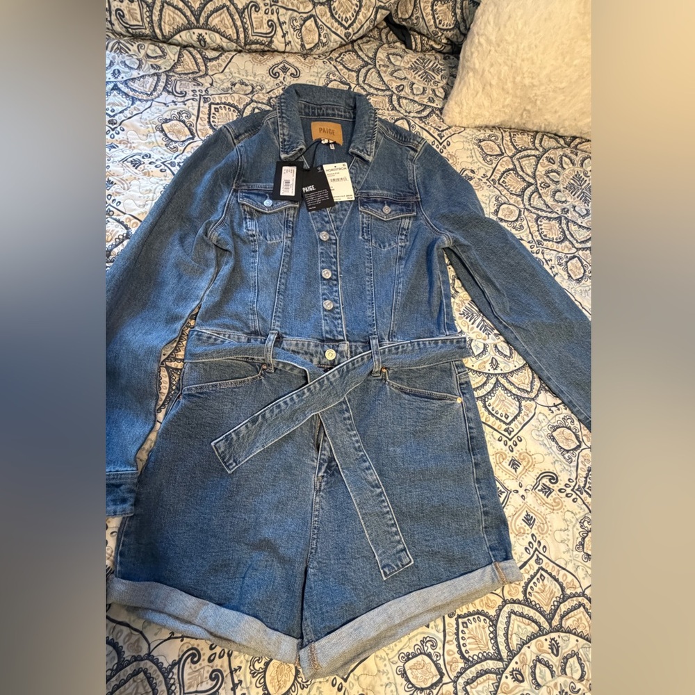 NWT PAIGE jeans Maggy Tie Waist Long Sleeve Denim Romper size 12 - Picture 3 of 8